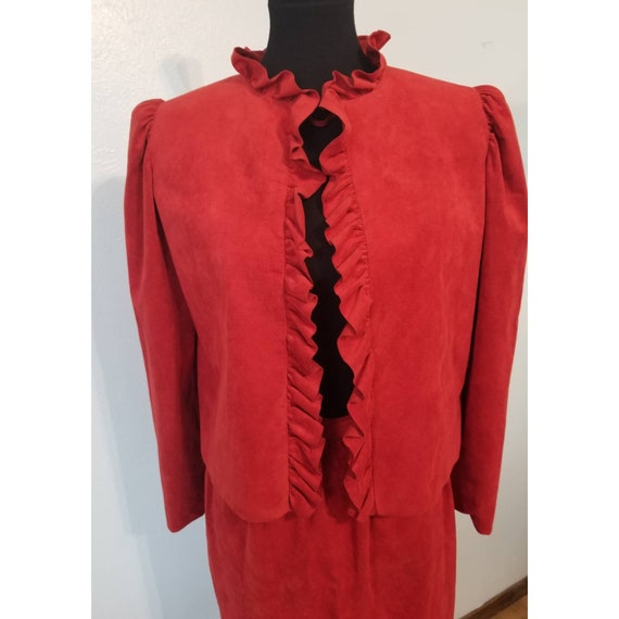 Striking 1960's Red Faux Suede Ruffle Jacket and … - image 2