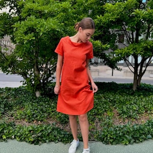 Orange Linen Dress, Minimalist Dress, Everyday Dress, Womens Summer Dresses, Casual Dress, Linen Clothing, Dress With Pockets, Boat Neck