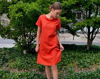 Orange Linen Petite Mother of the Groom Dress, Minimalist Frock, Womens Summer Shift Apparel, Casual Linen Clothing With Pockets, Boat Neck