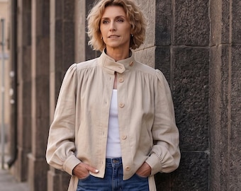 Minimalist women's linen jacket with pockets, receptionist workwear blazer, modest office shift short rose clothing, summer, fall apparel