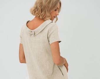 Linen Dress, Women&#39;s Clothing, Minimalist Dress With Short Sleeves, Linen Clothing, Modest Linen Dress With Back Ribbon, Beige Dress