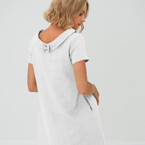 Boho Women&#39;s Clothing, Linen Minimalist Dress With Short Sleeves, Summer Frock, Modest Linen Dress With Back Ribbon, Beige Dress