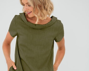 Green Linen Dress, Fall Style, Vacation Dress, Minimalist Dress, Modest Dress, Cruise Dress, LeMuse Clothing, Dress With Pockets, Resort