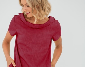 Minimalist Linen Dress, Womens Clothing, Red Petite Dress With Cowl Neck, LeMuse Dress, Loose Fit Midi Dress, Casual Plus Size Dress