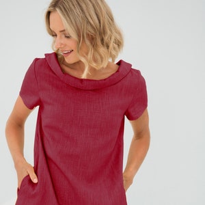 Minimalist Linen Dress, Womens Clothing, Red Petite Dress With Cowl Neck, LeMuse Dress, Loose Fit Midi Dress, Casual Plus Size Dress