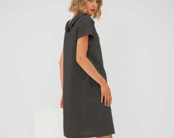 Petite Linen Dress by LeMuse, Womens Clothing, Work Dress, A Line Dress, Office Dress, Elegant Dress, Minimalist Dress, Short Sleeve Dress