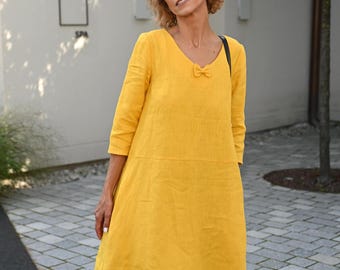 Soft linen women's simple clothing, petite teacher dress with pockets, midi cocktail clothes, classic short knee length frock