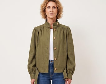 Natural women's linen clothing, minimalist midi receptionist workwear blazer with pockets, modest office jacket, summer, fall apparel