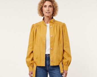 Natural women's linen jacket, minimalist midi receptionist workwear blazer, modest office shift short rose clothing, summer, fall apparel