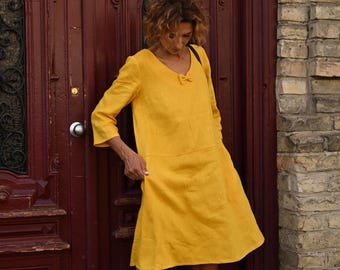 Soft linen women's clothing, petite teacher dress with pockets, midi cocktail clothes, classic short knee length frock, Christmas gift