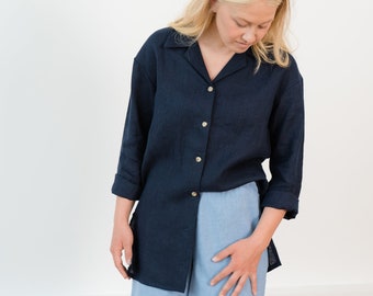 Linen Shirt, Deep Blue Shirt, Button Down Top, Loose Shirt, Linen Clothing, Summer Office Shirt, Oversize Blouse, Linen Top, Long Sleeve Top