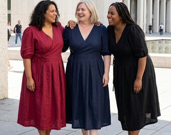 Plus size linen wrap dress with pockets, minimalist large women's clothing, modest bridesmaid frock, summer, spring, fall apparel