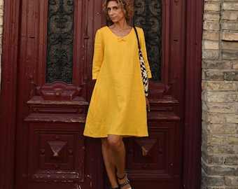 Abito da donna in morbido lino con tasche, abbigliamento per insegnanti di bassa statura, abito midi da cocktail, classico abito corto al ginocchio, regalo di Natale