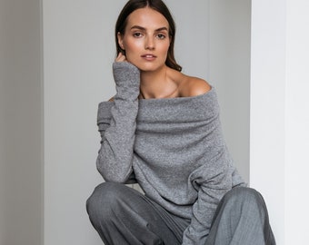 Gray Wool Sweater Women, Minimalist Clothing, Off Shoulder Sweater, Woolen Top, LeMuse Clothing, Knit Pullover, Warm Sweater, Comfy Clothes