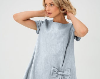 Robe en lin pour femmes, robe bleue, robe A Line, robe Bow, vêtements en lin, robe d’été, robe ample, robe en lin lavé, robe oversize