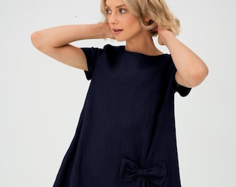 Robe en lin, Robe à poches, Robe midi d'été, Robe à nœud, Robe décontractée, Robe ample, Robe en lin lavé, Vêtements minimalistes, Petite robe