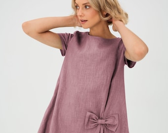 Rosa Leinenkleid, Midikleid, Lockeres Kleid, Oversize Kleid, Petite Kleid, Schleifenkleid, Minimalistische Kleidung, Sommerkleid, Taschenkleid, Party