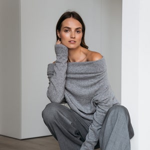 Gray Wool Sweater Women, Minimalist Clothing, Off Shoulder Sweater, Woolen Top, LeMuse Clothing, Knit Pullover, Warm Sweater, Comfy Clothes image 1