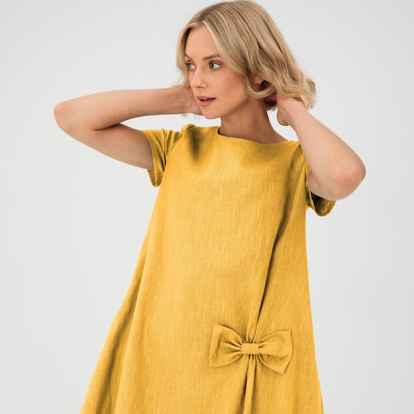 Minimalist Dress, Yellow Linen Dress, Midi Dress, Petite Dress, Fall Style, Linen Clothing, Oversize Dress, Washed Linen Dress,Fall Cocktail