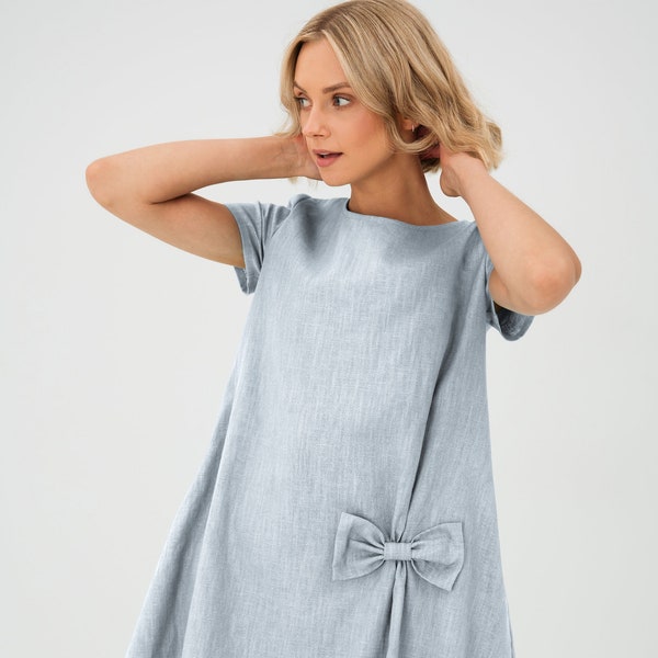 Robe en lin pour femme, Robe bleue, Robe trapèze, Robe à nœud, Vêtements en lin, Robe d'été, Robe ample, Robe en lin lavé, Robe oversize