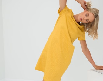 Yellow Linen Dress, Minimalist Dress With Cowl Neckline, A Line Dress With Short Sleeves, Simple Midi Dress, Linen Clothing, Casual Dress