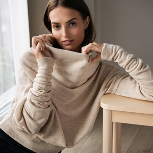 Cream Minimalist Sweater, Off Shoulder Sweater, Asymmetrical Sweater, Wool Sweater, Elegant Sweater, Fall Clothing, Comfy Clothes, Warm