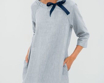 Petite Linen Dress With Pockets, Wedding Guest Flax Frock, Cute Short Women's Natural Classic Clothing