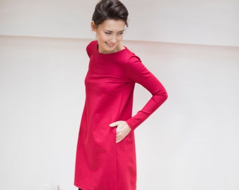 Minimalist Red Dress, LeMuse Cocktail Dress, Spring Clothing, Long Sleeve Dress, Womens Clothing, Dress With Pockets, Casual Loose Dress