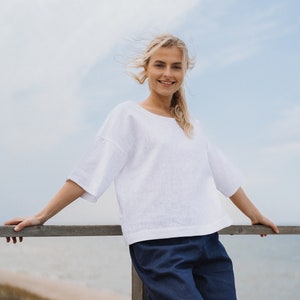 Stylish Linen Blouse AURORA: Elegant White Top with Back Buttons - Casual and Breathable Fashion.