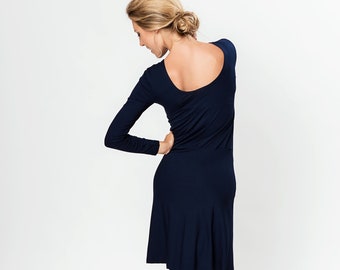 Navy Blue Tango Dress, Womens Clothing, Minimalist Dress, Long Sleeve Dress, Evening Dress, Cocktail Dress, Office Dress, Dance Dress,LeMuse