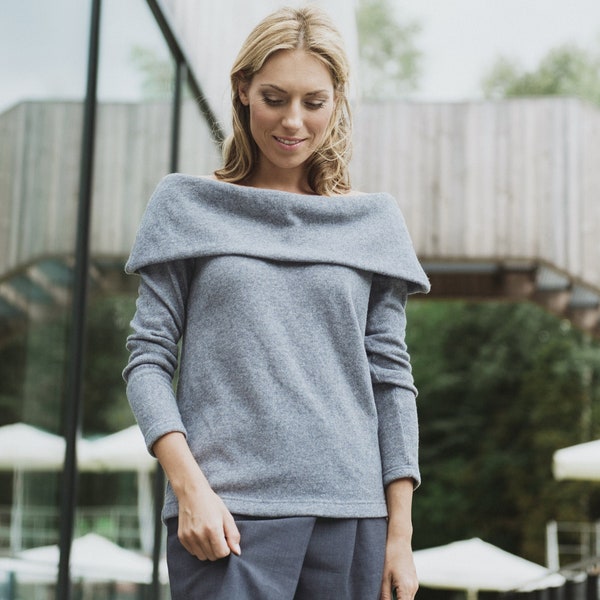 Grey Button Back Sweater, Soft Sweater, Wool Sweater, Off Shoulder Top, Extravagant Sweater, Minimalist Sweater, Winter Pullover, LeMuse