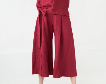 Linen Pants, Palazzo Pants, Linen Capri Pants, Red Pants, Linen Clothing, Gaucho Pants, Summer Pants, Loose Pants, Flare Pants, Oversize