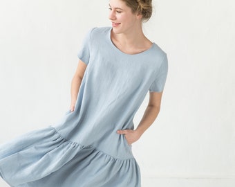 Linen Dress, Light Blue Dress, Flare Dress, Summer Linen Dress, Minimalist Clothing, Casual Dress, Loose Dress, Drop Waist Dress, Oversize