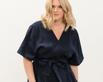 Robe en lin, Robe grande taille, Robe ample, Robe portefeuille, Vêtements grande taille, Robe oversize, Robe décontractée, Robe en lin bleue, Robe ronde