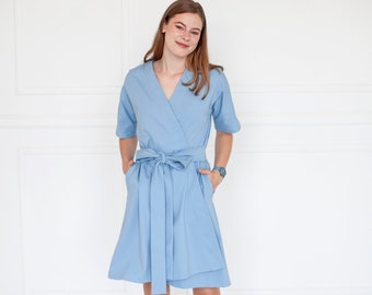 Women Wrap Dress, Sky Blue Dress, Minimalist Clothing, Summer Dress, Pocket Dress, Belt Dress, Elegant Dress, Petite Dress, Casual Dress