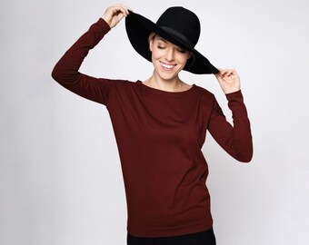 Burgundy Blouse, Back Button Blouse, Minimalist Womens Clothing, Elegant Top, Long Sleeve Blouse, Cocktail Top, Special Occasion Blouse