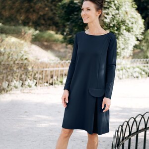 LeMuse Dark Blue Dress, Midi Dress, Long Sleeve Dress, Pocket Dress, Flare Dress, Minimalist Clothing, Petite Dress, Oversize Dress, Formal Dress