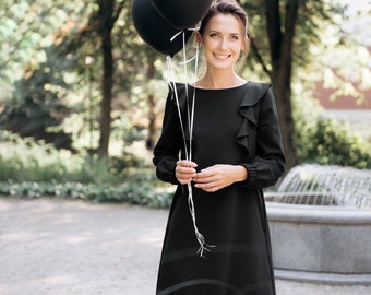 Black Butterfly Dress, LeMuse Dress, Minimalist Dress, New Year Party Dress, Cocktail Dress, Elegant Dress, Ruffle Dress, Long Sleeve Dress