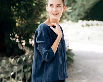 Linen Top, Deep Blue Top, Boho Blouse, Linen Clothing, Linen Blouse, Loose Blouse, Oversize Top, Asymmetrical Top,Minimalist Clothing,Summer