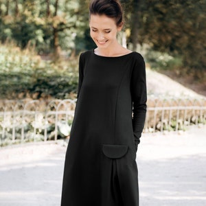 Black Minimalist Dress By LeMuse, Womens Clothing, Long Sleeve Dress, A Line Dress, Midi Dress For Women, Pocket Dress, Elegant Dress, Work
