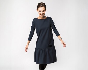 Vestido LeMuse, moderno de mediados de siglo, vestido casual de invierno, vestido modesto para mujer, vestido de línea, vestido de cintura caída, vestido azul marino, vestido de viaje