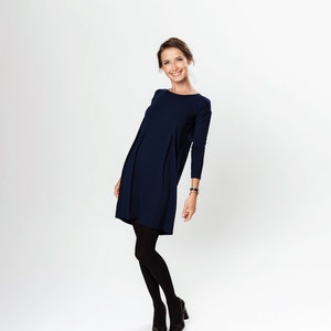 Abito blu navy, abbigliamento minimalista, abiti primaverili da donna, abito svasato a-line, abito midi a maniche lunghe, abito da ufficio casual, LeMuse