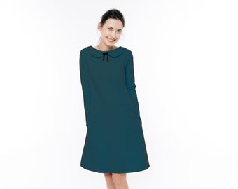 Peter Pan Collar Dress, Petrol Green Dress, Winter Dress, Long Sleeve Dress, Formal Dress For Women, Elegant Dress, Preppy Dress, Office