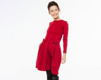 Red Dress, Womens Clothing, LeMuse Dress, Cocktail Dress, Spring Clothing, Bow Dress, Red Minimalist Dress, Formal Dress, Long Sleeve