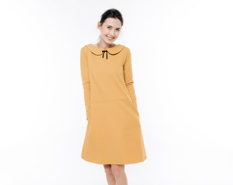Women Yellow Dress, Peter Pan Collar Dress, Long Sleeve Dress, Loose Dress, Winter Dress, A Line Dress, Pocket Dress, Elegant Dress, Petite