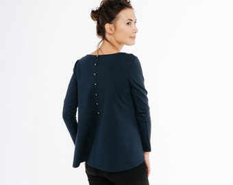 Navy Blue Minimalist Blouse, Back Button Blouse, LeMuse Clothing, Loose Blouse, Work Top, Office Blouse, Modest Blouse, Secretary Top