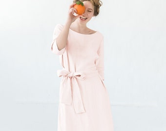 Wedding Guest Dress, Womens Clothing, Cocktail Dress, Pink Linen Dress, Belted Dress, Elegant Dress, Boat Neck Dress, Formal Dress,LeMuse