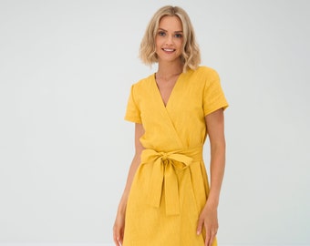 Wrap yellow short sleeve dress for women with side pockets - linen clothing for summer weddings