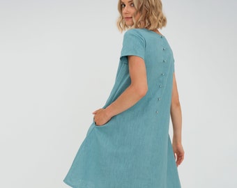 Robe en lin bleu canard, Robe minimaliste, Robes de printemps, Robe à manches courtes, Vêtements pour femme, Robe modeste, Moderne milieu de siècle, Robe boutonnée dans le dos