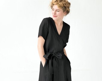 Black Linen Dress, Midi Dress, Linen Clothing, Wrap Dress, Minimalist Clothing, Elegant Dress, Pocket Dress, Petite Dress, Loose Dress